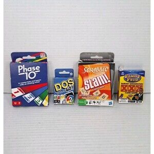 Travel Card Game Lot (4) Phase 10 Scrabble Slam Family Feud DOS Go Complete Set